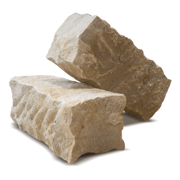 Zwei grob behauene Mauersteine aus Naturstein für den Garten- und Landschaftsbau.