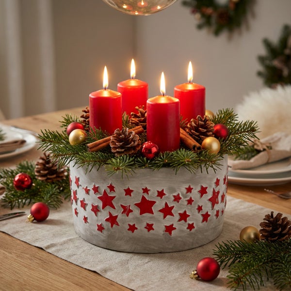 Adventskranz mit vier brennenden Kerzen dekoriert mit Tannenzweigen, Zapfen, Zimtstangen und Weihnachtskugeln in einem sternverzierten Topf.