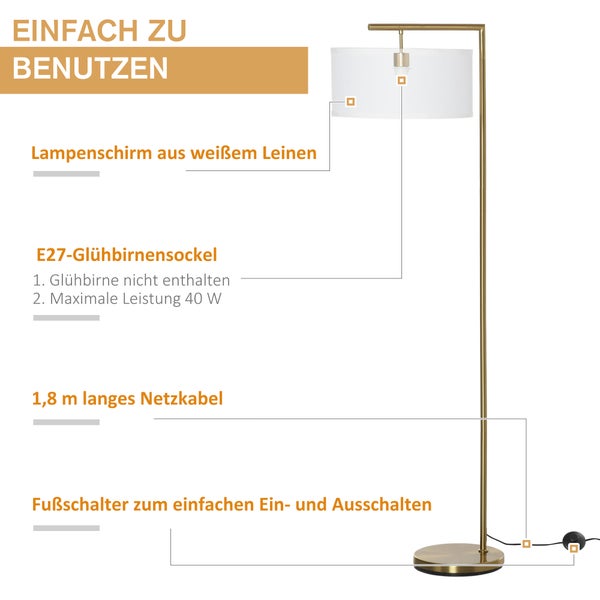 HOMCOM Stehlampe, 47 x 37 x 153 cm, Leinen, Gold+Weiß