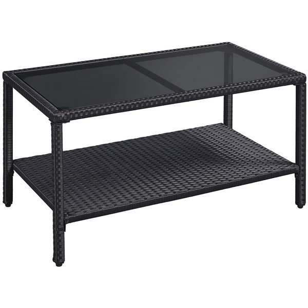 Rechteckiger Gartencouchtisch aus Polyrattan-Geflecht mit Glasplatte und zusätzlicher Ablagefläche.