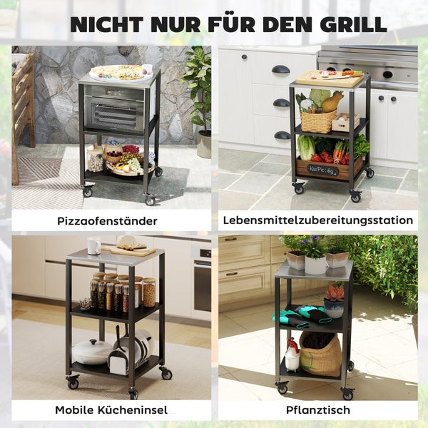 Vielseitiger schwarzer Metallrollwagen mit drei Ebenen, genutzt als Pizzaofenständer, Lebensmittelzubereitungsstation, Kücheninsel oder Pflanztisch.