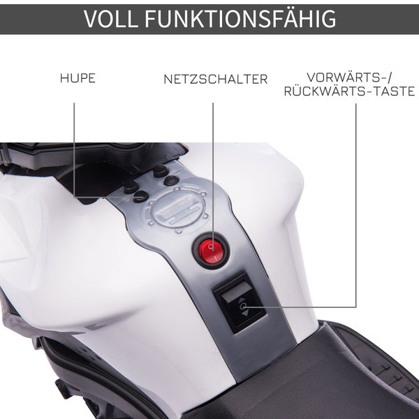HOMCOM Elektromotorrad, 6V, LED-Licht, 88,5x 42,5x49 cm, Metall+PP, Schwarz+Weiß