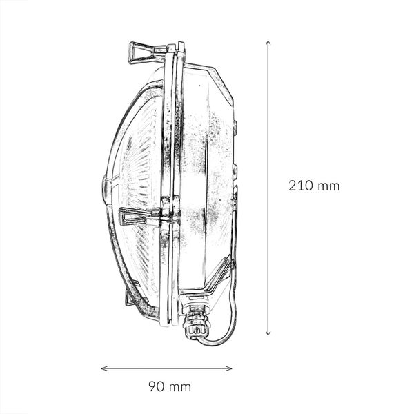 Skizze einer Außenleuchte mit Maßangaben: 210 mm Höhe und 90 mm Breite
