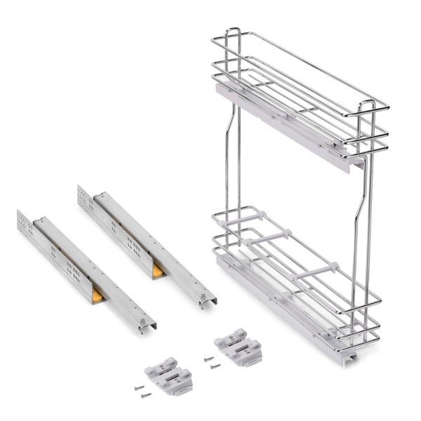 Küchen-Unterschrankauszug mit zwei Drahtkörben aus Metall, Teleskopschienen und Befestigungsmaterial.