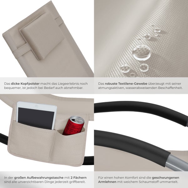 Gartenliege tectake Taya abnehmbares Kopfpolster, seitliche Aufbewahrungstasche ergonomisch, mit Komfort-Schwingbewegung beige