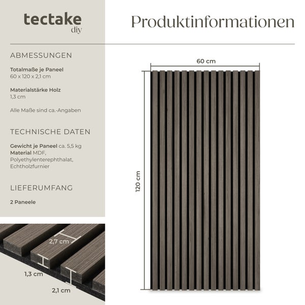 Akustikpaneele tectake Sonic Wall je 60 x 120 x 2,1 cm, Größe flexibel anpassbar Holzoptik in Eiche grau Eiche grau