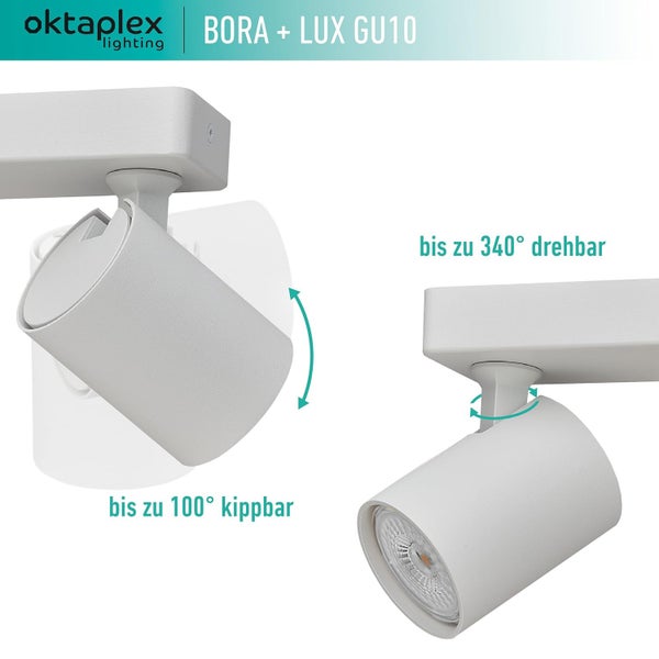 Bora Deckenstrahler 2-flammig warmweiß dimmbar GU10 Leuchtmittel 400lm 2700K LED Spotbalken für Decke und Wand weiß