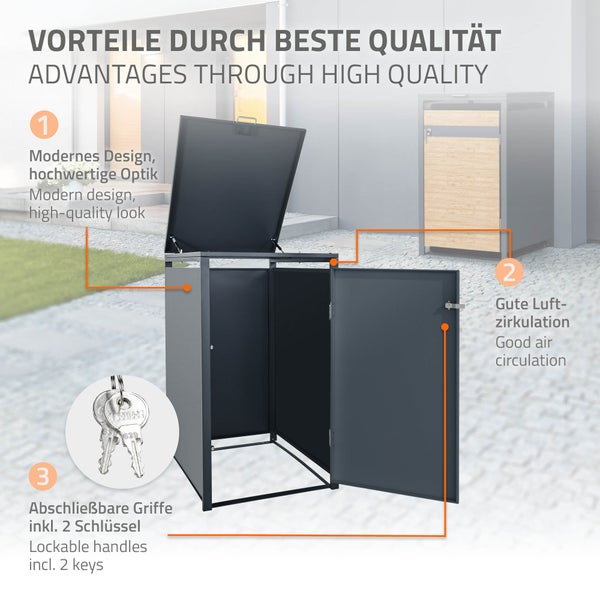 ML-Design Mülltonnenbox 1er für 1 Tonne 240L 68x80x116,3 cm Anthrazit-Lärchenoptik, Stahl, wetterfest/abschließbar Mülltonnenverkleidung Klappdeckel/Tür, Müllbox Mülltonnecontainer Mülltonnenabdeckung