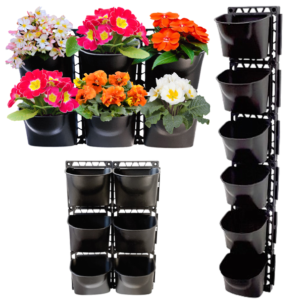 Modulares vertikales Gartensystem aus schwarzem Kunststoff mit Wandpflanzgefäßen, bepflanzt und unbefpflanzt in verschiedenen Konfigurationen.