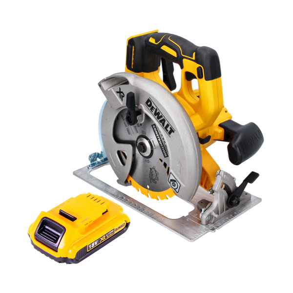 Akku-Handkreissäge DeWalt mit 18 Volt Akku, Metall-Grundplatte und Sägeblatt.