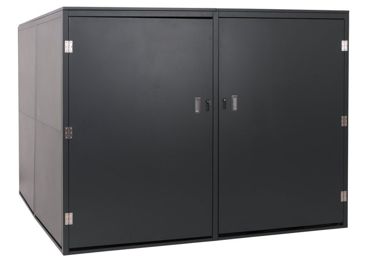 Dunkelgrauer Geräteschrank mit zwei abschließbaren Türen für den Aussenbereich