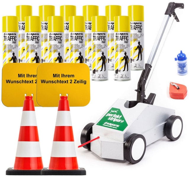 Markierwagen + 12x 500ml Farbe, 2 Kegel + Schild Traffic Paint® / gelb