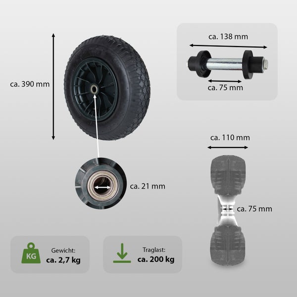Ersatzrad für Sackkarre mit Achse, 390 Millimeter Durchmesser, 200 Kilogramm Traglast und 2,7 Kilogramm Gewicht mit technischen Maßangaben.