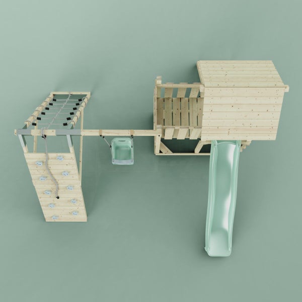 Spielturm mit Rutsche, Kletterwand, Schaukel und Kletternetz