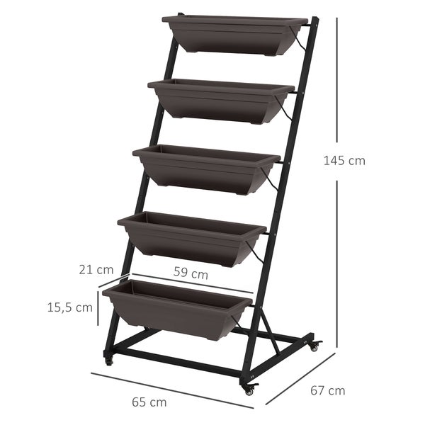 Vertikales Pflanzregal mit 5 Ebenen auf Rollen, Maße 145 mal 65 mal 67 Zentimeter, Maße der Kästen 59 mal 21 mal 15,5 Zentimeter.