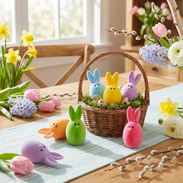 Osterdekoration mit beflockten Osterhasen in verschiedenen Farben in und vor einem Weidenkorb mit Wachteleiern auf einem Tisch mit Frühlingsblumen