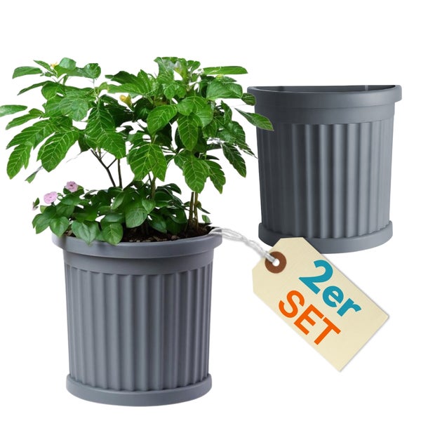 Zweiteiliges Pflanztopfset mit geriffelter Oberfläche und Pflanze