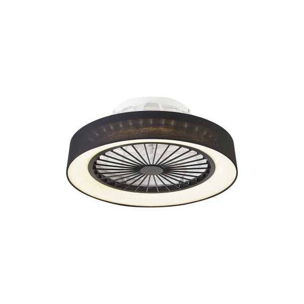 Runder Deckenventilator mit integrierter LED Beleuchtung und Textilschirm für Wohnräume.