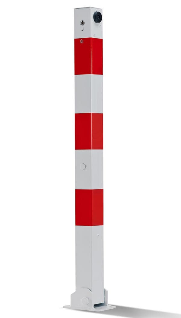 UvV Stahl Absperrpfosten 70x70mm weiß-rot klappbar Zylinderschloss +Dübel / Verschiedenschliessend
