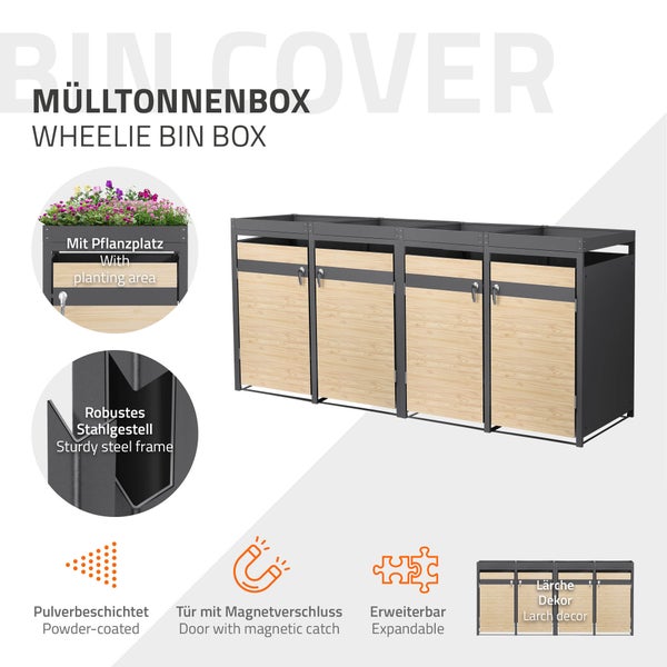 Mülltonnenbox für 4 Tonnen aus pulverbeschichtetem Stahl mit Lärche-Dekor, Pflanzdach, Magnetverschluss und erweiterbarem System.