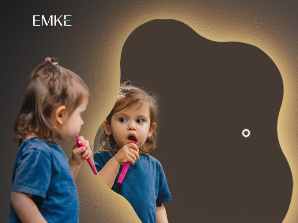 EMKE LED-Badspiegel, Rahmenloser Spiegel mit Beleuchtung,  Asymmetrischer LED Badspiegel mit Anti-Beschlag, 50 x 45 cm, Kaltweißes/Neutrales/Warmweißes Licht