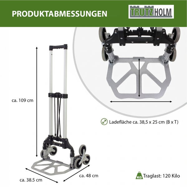 Tragtreppe Sackkarre mit Produktabmessungen, Ladefläche circa 38,5 x 25 Zentimeter, Traglast 120 Kilo