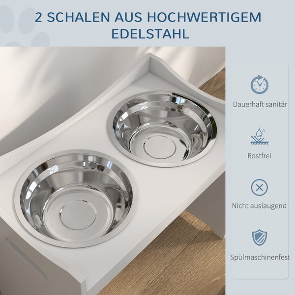 PawHut Futternapf Höhenverstellbar, Erhöhtes Futterstation mit 2L Futterschale aus Edelstahl, mit Futterständer, Griff, Hundebar für alle Hundegrößen, Weiß