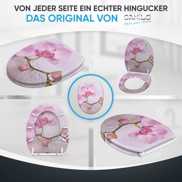 Sanilo Logo, Toilettensitz mit Orchideen-Motiv und Wassertropfen in verschiedenen Ansichten wie geschlossen, geöffnet und Details der Scharniere.