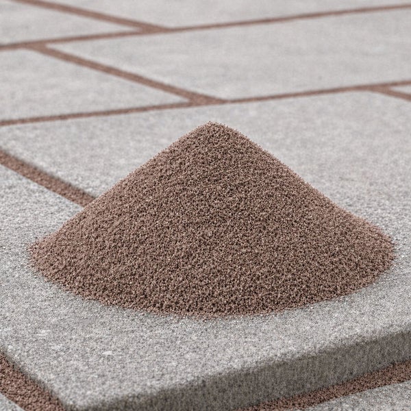 Ein Haufen feiner Pflasterfugenmörtel auf einer mit demselben Material verfugten Pflasterfläche.