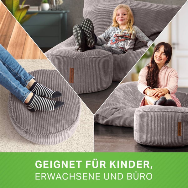 Green Bean Pouf-Kissen 45x25cm mit EPS-Perlen Füllung & Cordstoff Bodenkissen Liegekissen Sitzkissen Sitzhocker Sessel Kinder Erwachsene Stoff Hocker Ablage Grau