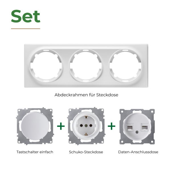 Set mit dreifach Abdeckrahmen, Tastschalter, Schuko Steckdose und Datenanschlussdose für Elektroinstallation