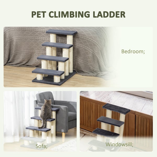 PawHut Tiertreppe Katzentreppe Hundetreppe 4 Stufen Treppe für Katze und Hunde Plüsch Grau 60 x 40,5 x 59 cm