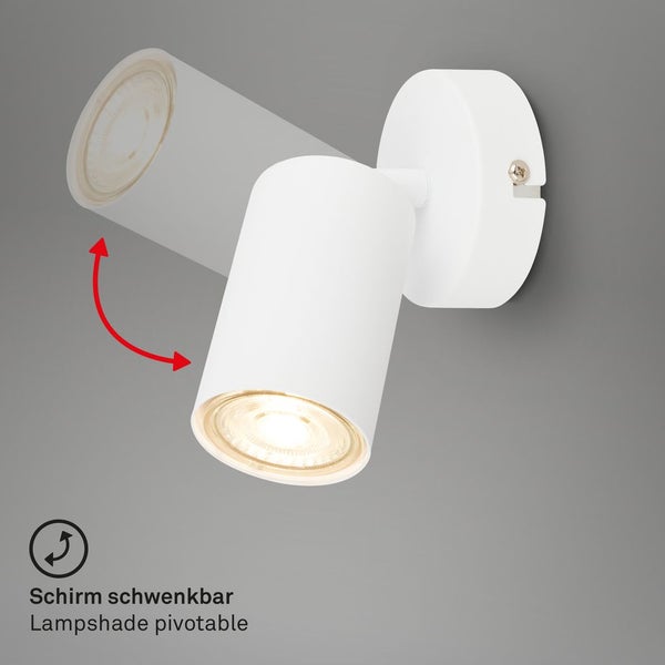 Weiße Wandleuchte mit schwenkbarem, zylindrischem Lampenschirm.