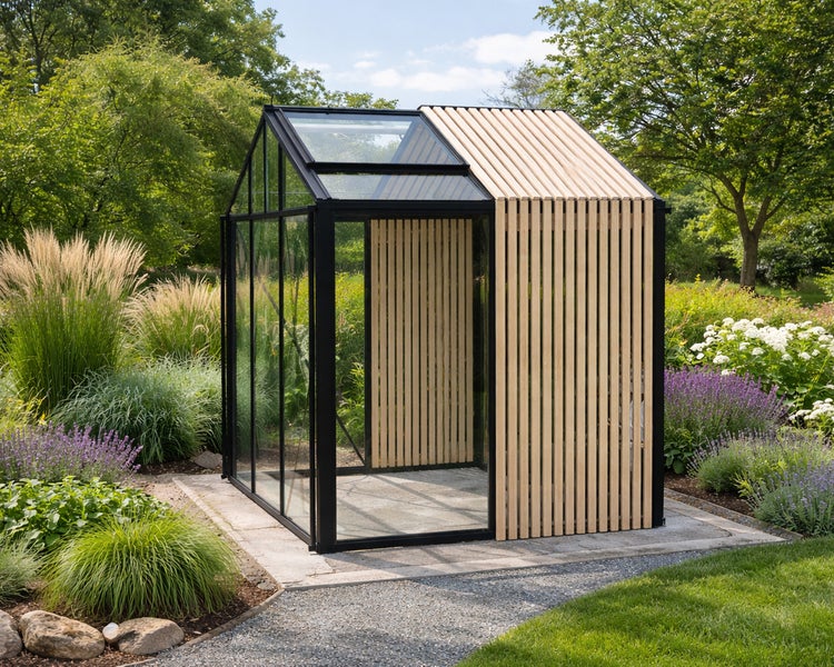 Modernes Gartenhaus mit schwarzem Metallrahmen, Glaselementen und hellen Holzlatten in einem Garten mit Stauden und Gräsern.