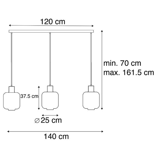 Abbildung der Abmessungen einer Pendelleuchte: 120 cm breit, Lampenschirme mit Durchmesser 25 cm, 37,5 cm hoch, Aufhängung zwischen 70 cm und 161,5 cm verstellbar, Gesamtbreite 140 cm