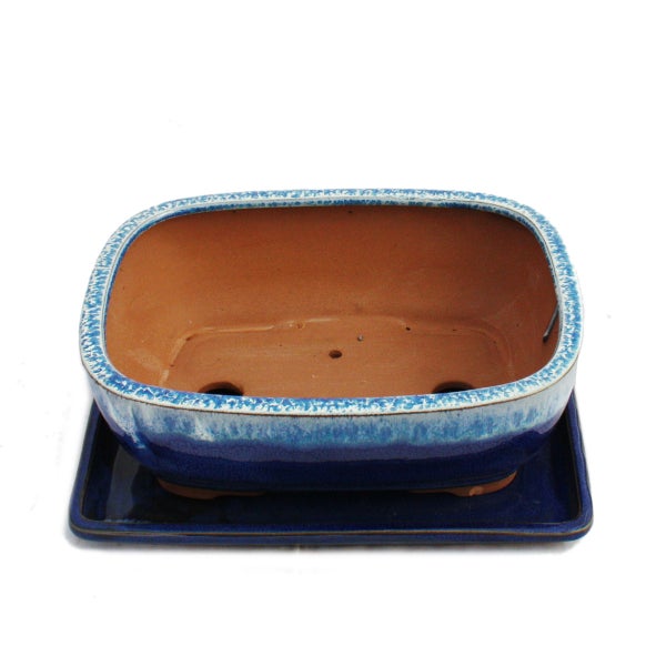 Bonsai-Schale mit Unterteller Gr. 4 blau/beige rechteckig Modell G5B L 25,5cm B 19cm H 9cm