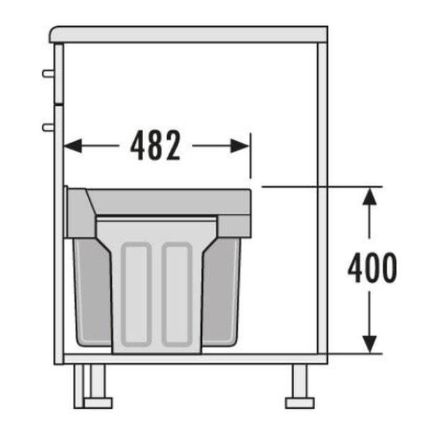 Technische Zeichnung eines Unterschranks mit Mülleimer und Maßangaben
