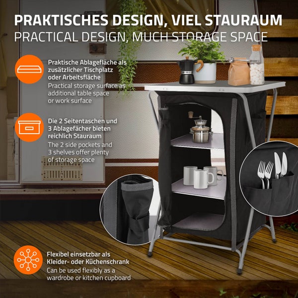 ECD Germany Campingschrank faltbar, Grau-Schwarz, 60x97,5x53 cm, Campingküche mit Aluminiumgestell, Küchenbox tragbar mit Arbeitsplatte, 3 Ablagen und Tragetasche, Outdoorschrank Faltschrank aus Stoff