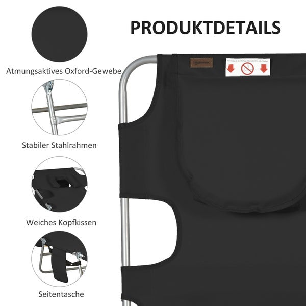Klappbare Gartenliege mit Metallgestell und Trageriemen für einfachen Transport.