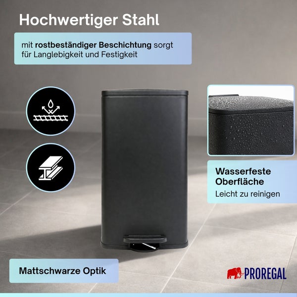 Mattschwarzer Tretmülleimer aus hochwertigem, rostbeständigem Stahl mit wasserfester Oberfläche. Proregal Logo.