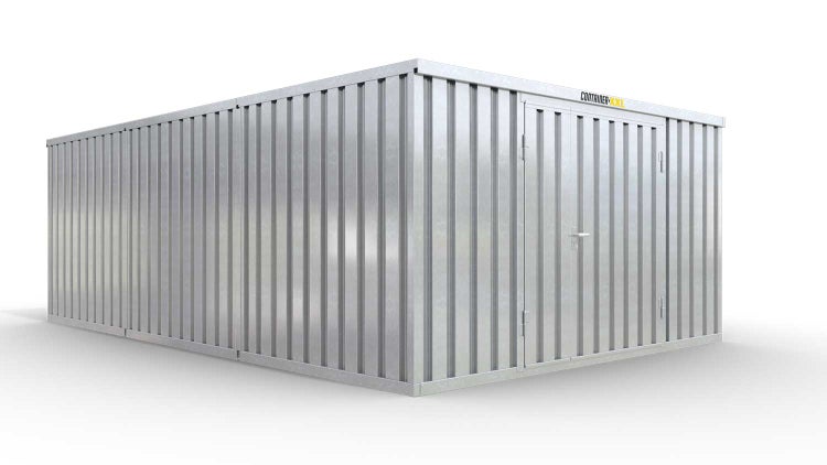 Lagercontainer M3  – 18 qm, H2150 x B3050 x T6520 mm, verzinkt, mit Holzfußboden, 1830 mm Doppelflügeltür mittig in Stirnseite, zerlegt