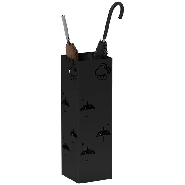 HOMCOM Schirmständer Regenschirmhalter mit 4 Haken, abnehmbare Wasserauffangschale Deko Schirmhalter für Sonnenschirm, Regenschirme & Gehstöcke Stahl 15,5 x 15,5 x 49 cm Schwarz