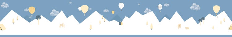 Illustration einer Berglandschaft mit Heißluftballons, Tieren und Zelten