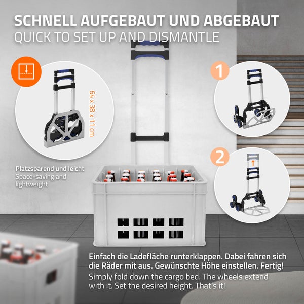 ECD Germany Sackkarre klappbar aus Aluminium, Transportkarre faltbar mit 6 Rädern, bis 80 kg, Treppensackkarre mit Teleskopgriff, Treppensteiger Stapelkarre Handkarre, inkl. Handschuhe & Spanngurt