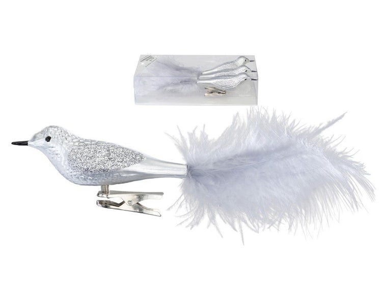 Drei glitzernde Vogel Weihnachtsbaum Anhänger mit Clip und Federschwanz in Klarsichtverpackung