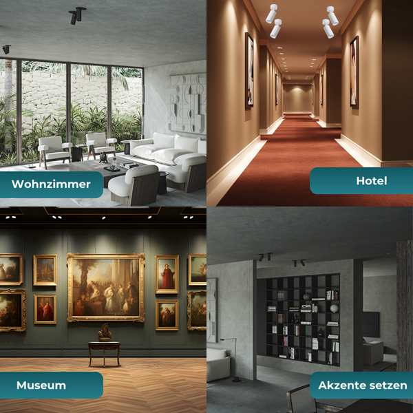 Collage verschiedener Beleuchtungsszenarien: Wohnzimmer, Hotel, Museum, Akzente setzen