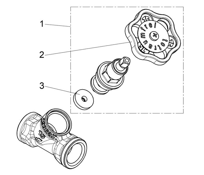 Ersatzteilset für totraumfreies Ventil mit Handrad, Ventiloberteil und Dichtung als technische Zeichnung.
