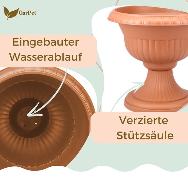 Detailansicht eines Pflanzgefäßes mit eingebautem Wasserablauf und verzierter Stützsäule