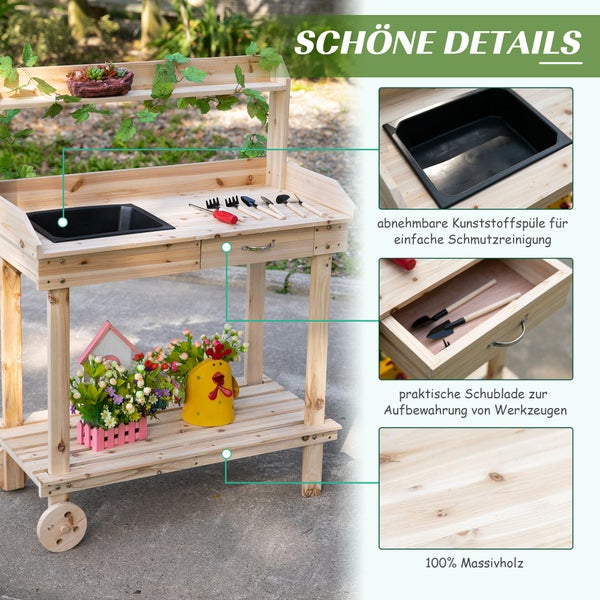 Outsunny Pflanztisch mit Schublade 2 Stufen Gärtnertisch mit waschbecken und Rollen Garten Tannenholz Natur 92 x 45 x 119 cm
