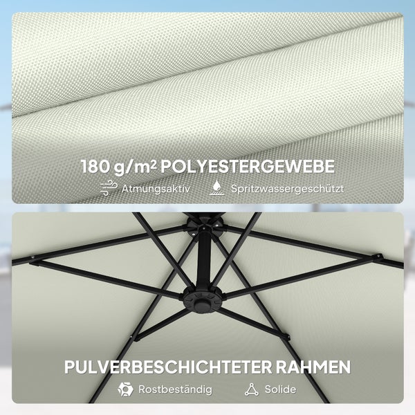 Rechteckiger Sonnenschirm mit LED-Beleuchtung, Breite 289 Zentimeter, Tiefe 198 Zentimeter, Höhe 248 Zentimeter, Mastdurchmesser 38 Millimeter.